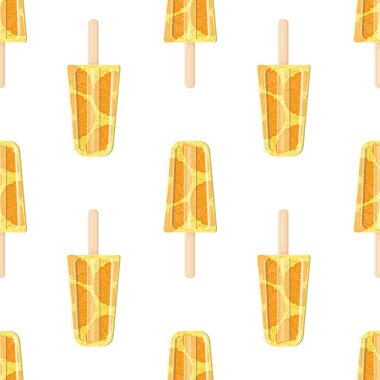 Çubuksuz desenli turuncu dondurma. Vektör düz stil. Parlak, yaz sulu arka plan.