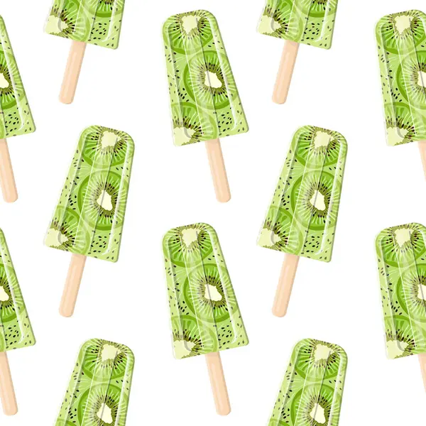 Çubuklu dikişsiz kivi dondurması. Vektör düz stil. Parlak, yaz sulu arka plan.