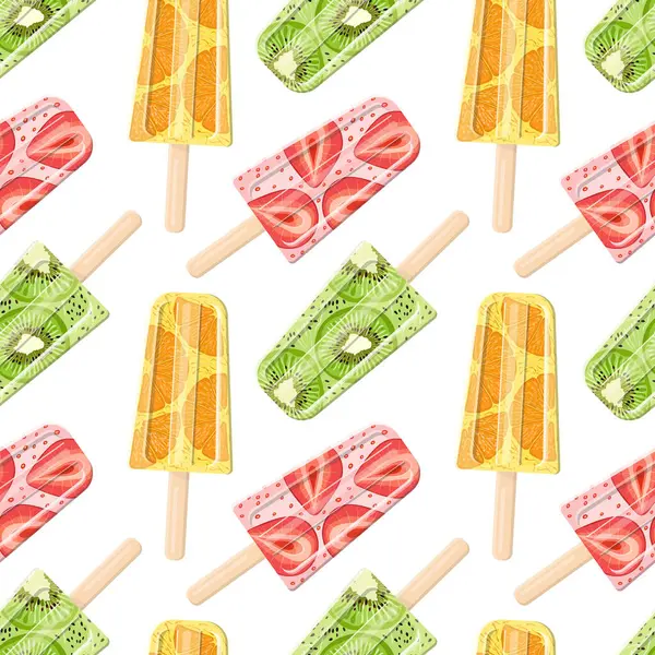Çubukta meyveli dondurma. Portakal, kivi ve çilek. Düz vektör biçiminde kusursuz desen. Parlak, yaz sulu arka plan.