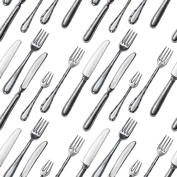 Seamless pattern with ilver cutlery. Forks and knifes watercolor drawing.
