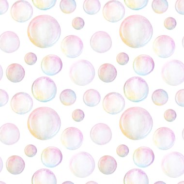 Elle boyanmış, dikişsiz suluboya baloncuklar beyaz arka planda. Güzel suluboya daireler. Pastel renkler ve romantik tasarım. 
