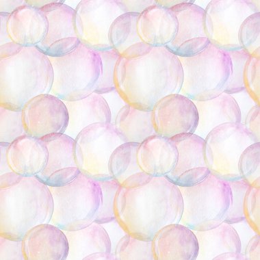 Elle boyanmış, dikişsiz suluboya baloncuklar beyaz arka planda. Güzel suluboya daireler. Pastel renkler ve romantik tasarım. 