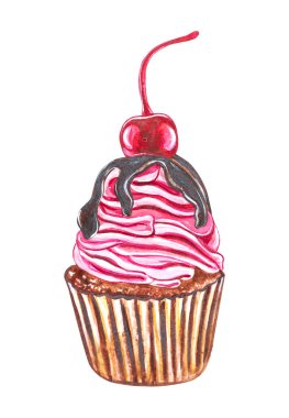 Suluboya kek tasviri. Kirazlı ve kremalı tatlı pasta. Renkli suluboya el boyaması çizimler.