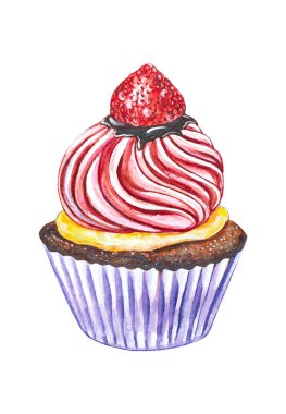 Suluboya kek tasviri. Çilekli ve kremalı tatlı pasta. Renkli suluboya el boyaması çizimler.