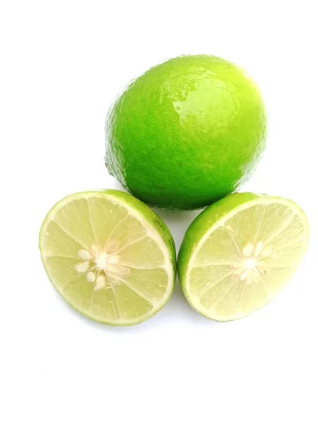 Close Ripe Green Lime Cut Half Slice Isolated White Background — Stock Photo, Image