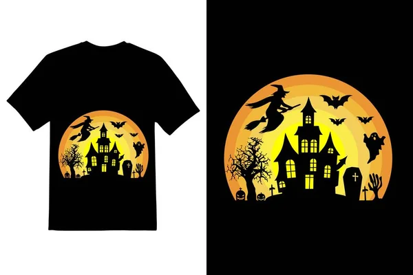 ハロウィンTシャツデザイン ベクターハッピーハロウィンのお祝いと夜と怖い城 ハッピーハロウィーンの引用Tシャツデザインベクターグラフィック ハロウィーンの怖い夜のデザイン — ストックベクタ