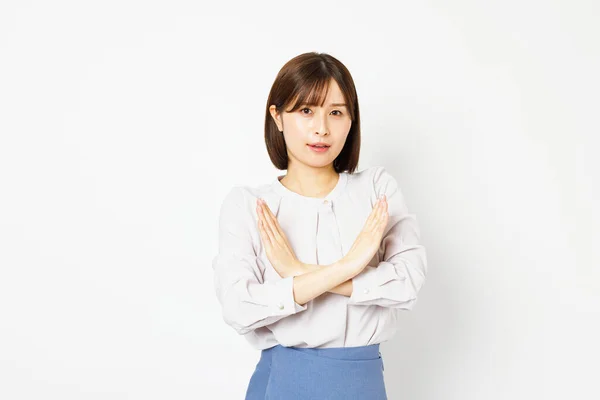 Young Japanese Woman Office Attire Forming Gesture — Stock Photo, Image