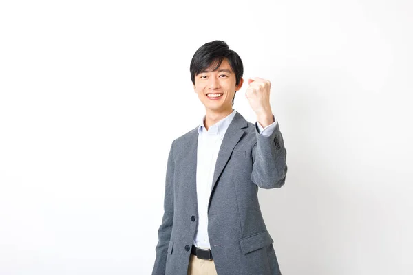 Νεαρός Ιάπωνας Στολή Που Δείχνει Εμψυχωτική Χειρονομία Λευκό Φόντο — Φωτογραφία Αρχείου