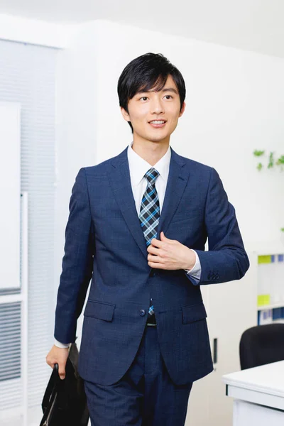 Young Japanese Man Office Attire Working Modern Office — Stock Photo, Image