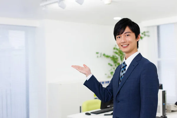 Portrait Young Japanese Man Office Attire Presenting Pose — Stock Photo, Image