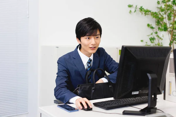 Handsome Japanese Businessman Working Computer Modern Office — Stock Photo, Image
