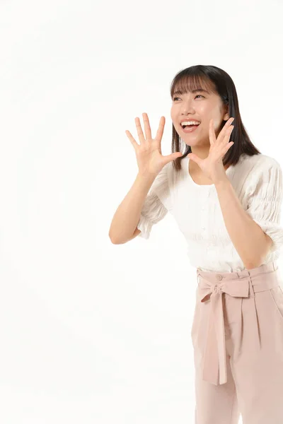 年轻的日本女人的画像 带有欢呼的手势 — 图库照片