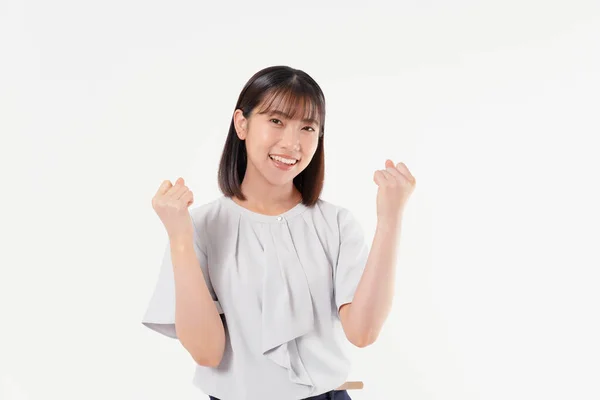 Portræt Ung Succesfuld Japansk Kvinde Poserende Hvid Baggrund - Stock-foto