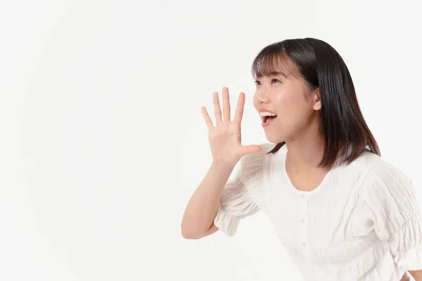 Porträtt Ung Japansk Kvinna Med Jublande Gest — Stockfoto