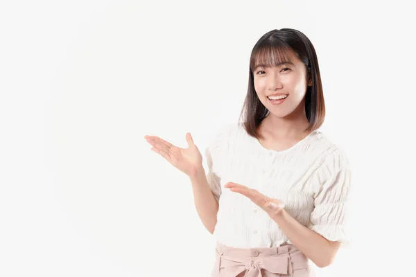 Japanese Woman Showing Pose Presenting Something White Background — Stock Photo, Image