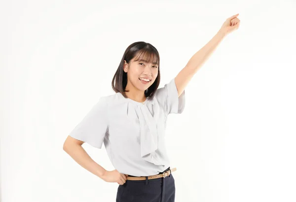 Retrato Jovem Bem Sucedida Mulher Japonesa Posando Fundo Branco — Fotografia de Stock