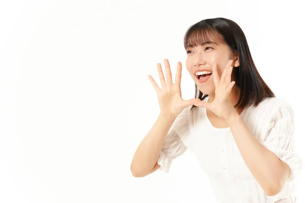 Porträtt Ung Japansk Kvinna Med Jublande Gest — Stockfoto