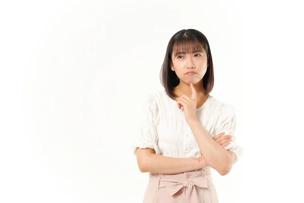 Porträt Einer Nachdenklichen Japanerin Isoliert Auf Weißem Hintergrund — Stockfoto