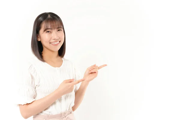 Belle Japonais Femme Pointant Sur Quelque Chose Tandis Que Isolé — Photo