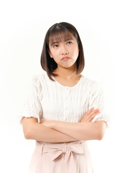 Retrato Mulher Japonesa Pensativo Isolado Fundo Branco — Fotografia de Stock