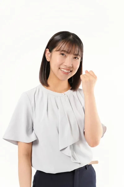 Retrato Una Joven Exitosa Mujer Japonesa Posando Sobre Fondo Blanco —  Fotos de Stock
