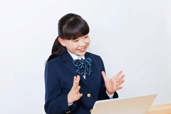 Japonesa Chica Uniforme Escolar Asistir Clase Línea —  Fotos de Stock