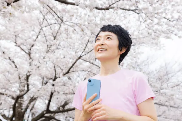 亚洲女人带着智能手机停在有樱花的公园里 — 图库照片