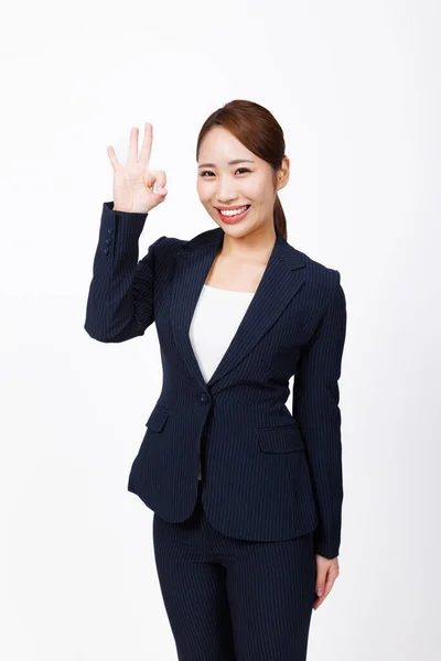 Studio Shot Beautiful Japanese Businesswoman Showing White Background — Stock Photo, Image