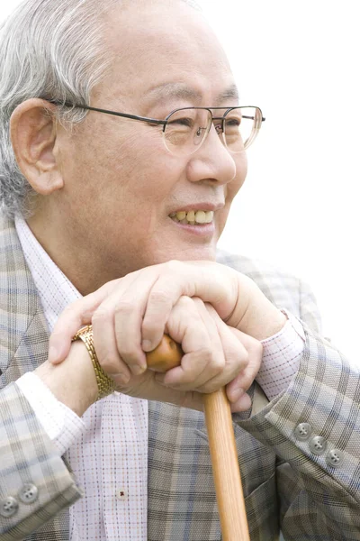 Asiatique Senior Homme Avec Lunettes Marche Bâton — Photo