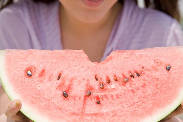 Portrait Beautiful Woman Eating Watermelon — Stock Photo, Image