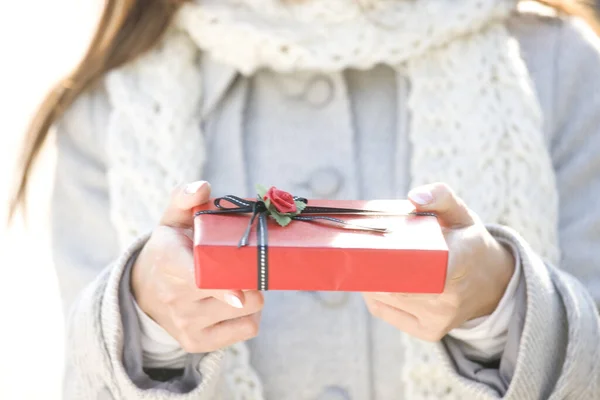 Cropped Photo Woman Holding Red Gift Box White Background Winter — Stock Photo, Image