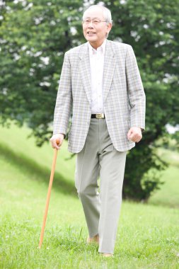 Elinde bastonla parkta yürüyen kıdemli bir Japon.