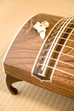 Japonlar yarım tüp zither enstrümanı çıkardı. Dizgileri olan bir Koto görünümünü kapat 