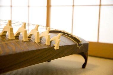 Japonlar yarım tüp zither enstrümanı çıkardı. Dizgileri olan bir Koto görünümünü kapat 