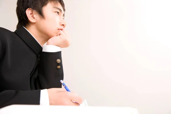 Portrait Jeune Garçon Japonais Uniforme Scolaire Étudiant École — Photo