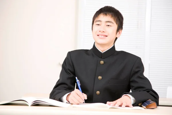 Portrait Jeune Garçon Japonais Uniforme Scolaire Étudiant École — Photo
