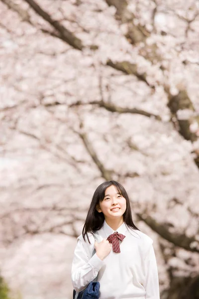 Chica Asiática Uniforme Escolar Flores Cerezo Primavera —  Fotos de Stock