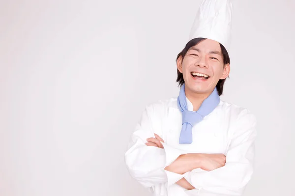 Ritratto Asiatico Maschio Cuoco Uniforme Sorridente Sfondo Bianco — Foto Stock