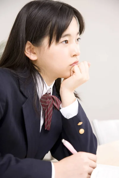 Portrait Cute Japanese Girl School Uniform Studying School — Stock Photo, Image