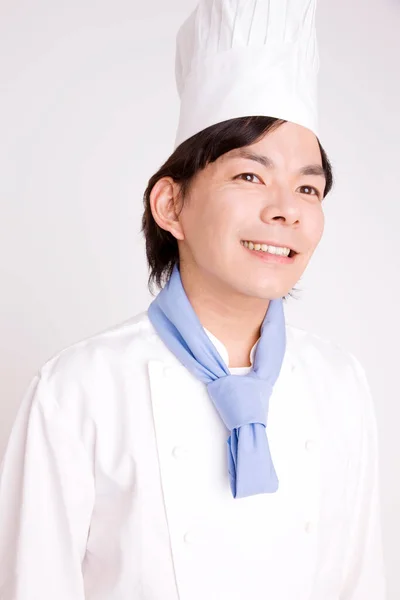 Sorridente Chef Asiatico Uniforme Bianca — Foto Stock