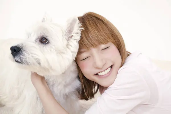 Skönhet Japansk Flicka Kramar Liten Vit Hund Studioinspelning — Stockfoto