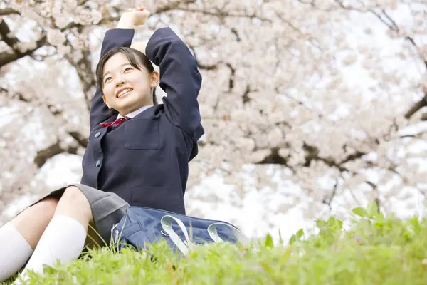 Портрет Красивої Милої Японської Школярки Позує Над Квітучим Фоном Сакури — стокове фото