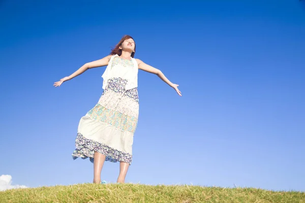 Happy Young Woman Outstretched Arms Blue Sky Background — Stock Photo, Image
