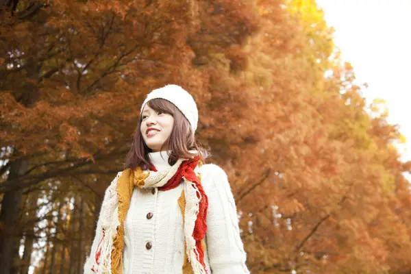 Junge Schöne Frau Posiert Herbstlichen Wald — Stockfoto
