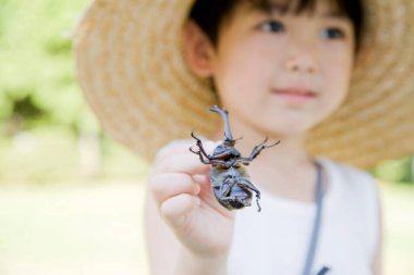 Küçük bir çocuk elinde büyük bir böcek tutuyor.