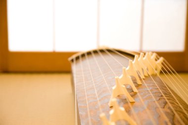 Japonlar yarım tüp zither enstrümanı çıkardı. Dizgileri olan bir Koto görünümünü kapat 