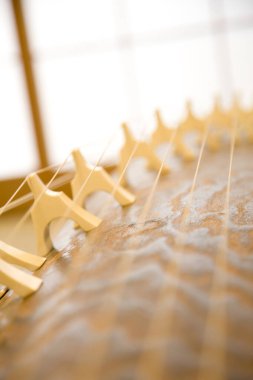 Japonlar yarım tüp zither enstrümanı çıkardı. Dizgileri olan bir Koto görünümünü kapat 