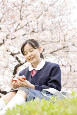 Çiçek açan kiraz ağacının arka planında okul üniformalı güzel Japon kızın portresi.