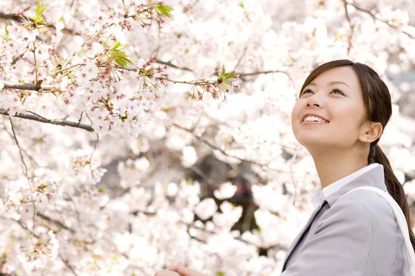 Portré Gyönyörű Boldog Fiatal Ázsiai Sétál Szabadban Tavasszal — Stock Fotó