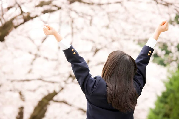 Portré Gyönyörű Japán Lány Iskolai Egyenruhában Háttérben Virágzó Cseresznyefa — Stock Fotó